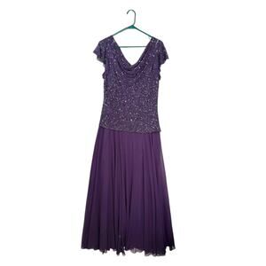 J Kara Womens Purple Long Beaded Cowl Neck‎ Flutter Sleeve Gown Dress 16 EUC